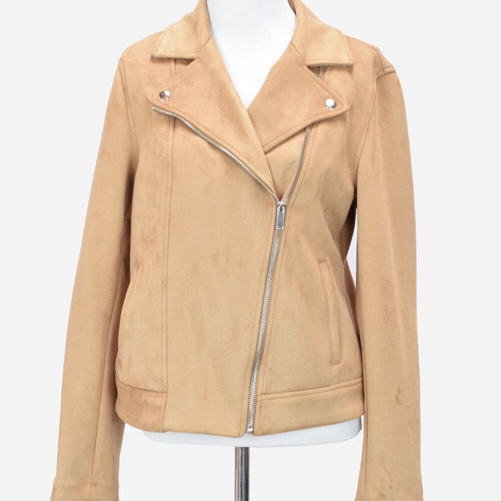 Women’s Size S Asymmetrical Full Zip Moto Jacket Soft Faux Suede Tan